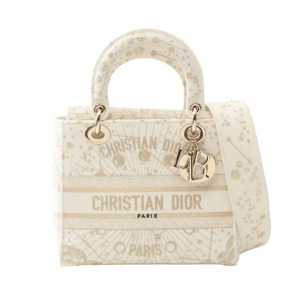 Christian Dior LADY D LITE Handbag Canvas White Gold Tone
